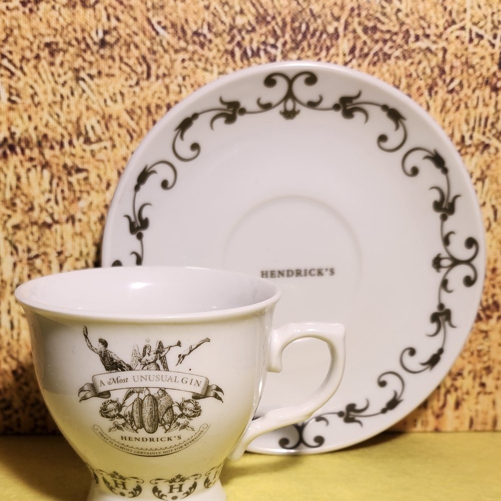 Green and White Porcelain Mug Set, Hendrick's Gin "A Most Unusual Gin"